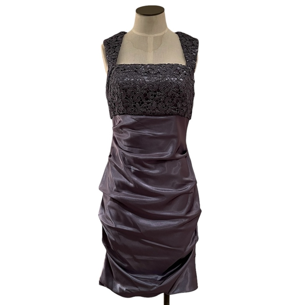 NWT Hailey Adrianna Papell Pewter Satin Metallic Lace Dress